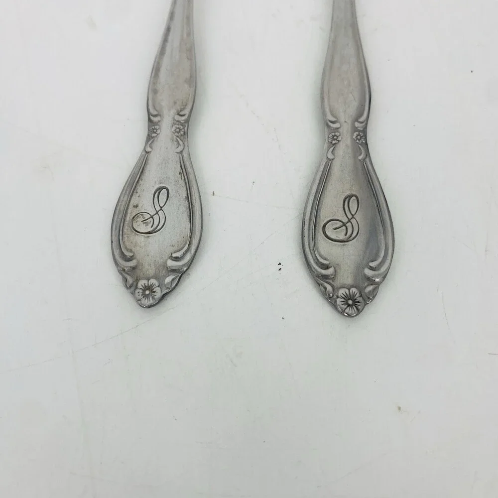 Set of 2 Vintage Customcraft China Stainless Dinner Forks Monogram C Floral